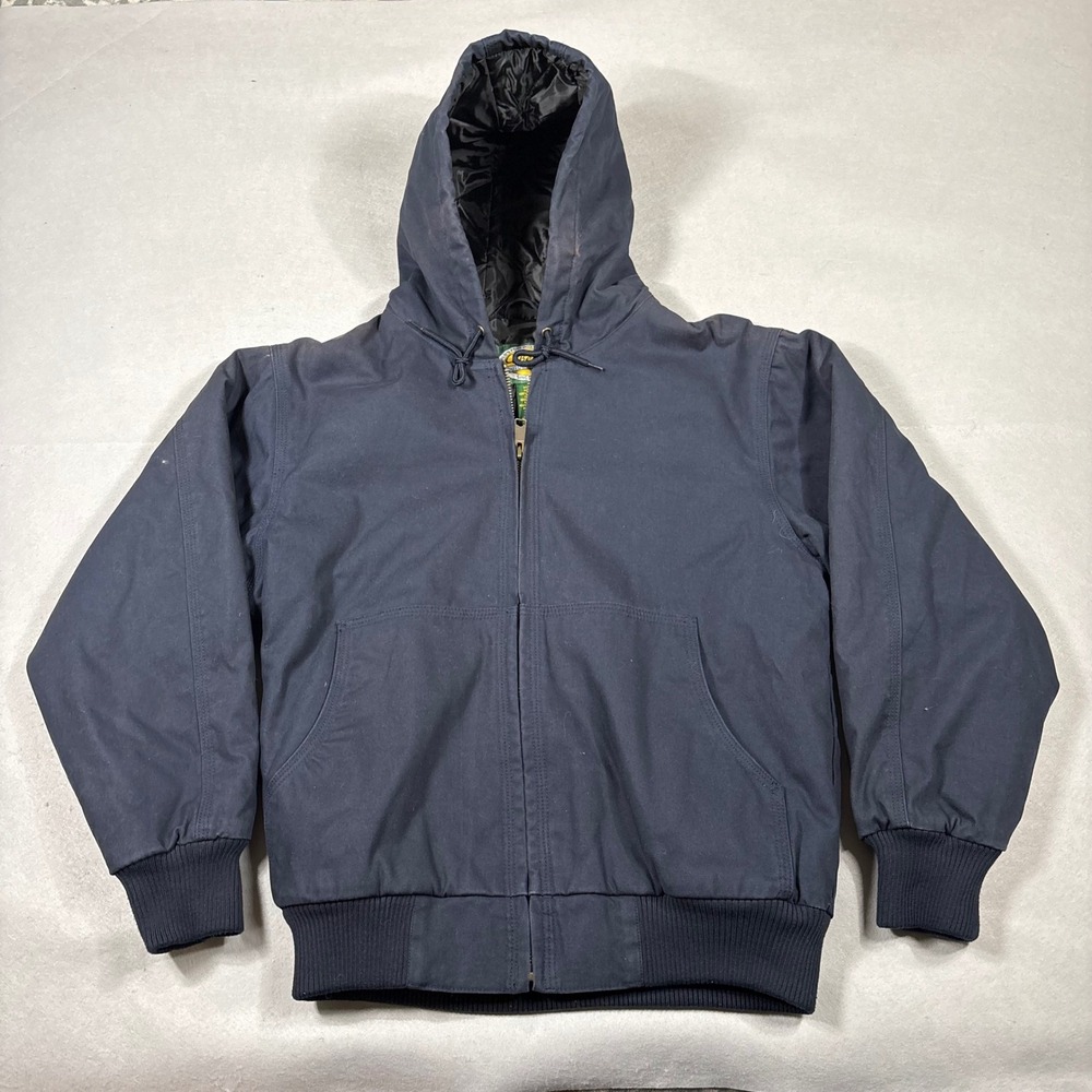 Cabelas Mens Navy Blue Cotton Canvas Hooded Work Jacket Quilted Lining Small Reg